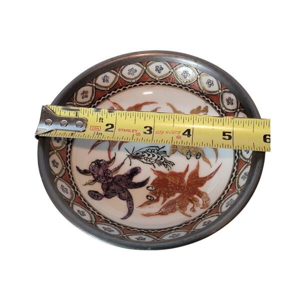 VTG Japanese Porcelain Painted Bowl Koi Design Pewter Base Asian Home Decor - Picture 6 of 7